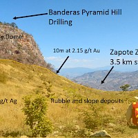 Figure 4- Zapote Target: brecciated margin of the large Banderas Rhyolite dome, mostly covered by rubble and slope deposits